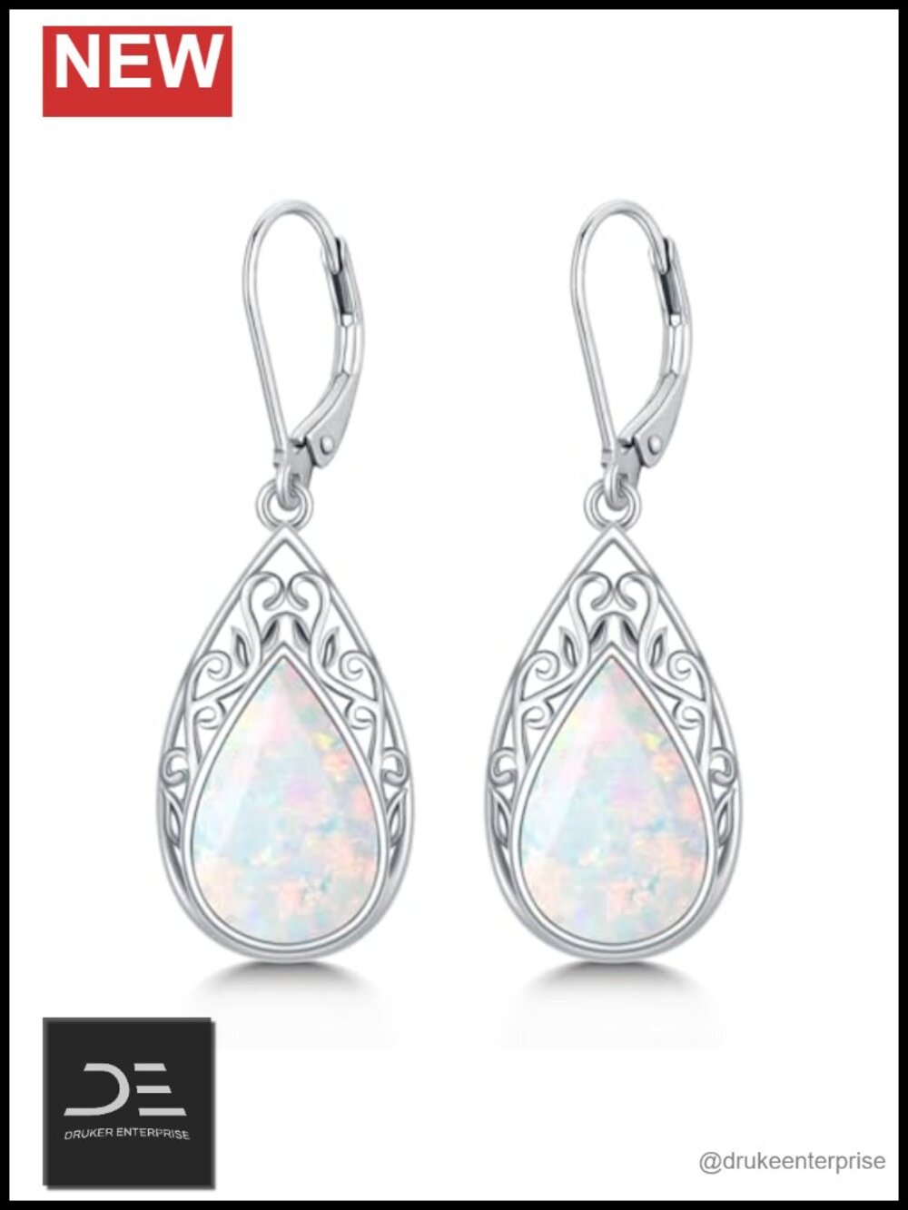 925 Sterling Silver Teardrop Opal Dangle Earrings for Women Filigree Lever Back